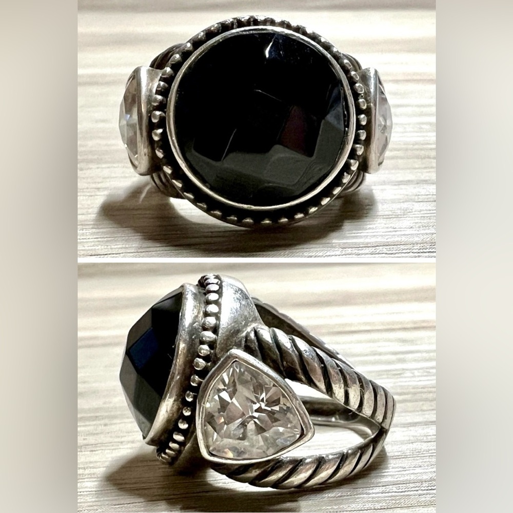 Vintage Designer Signed CFJ Heavy Sterling Silver Onyx & CZ Ring, Size 6, 9.1g